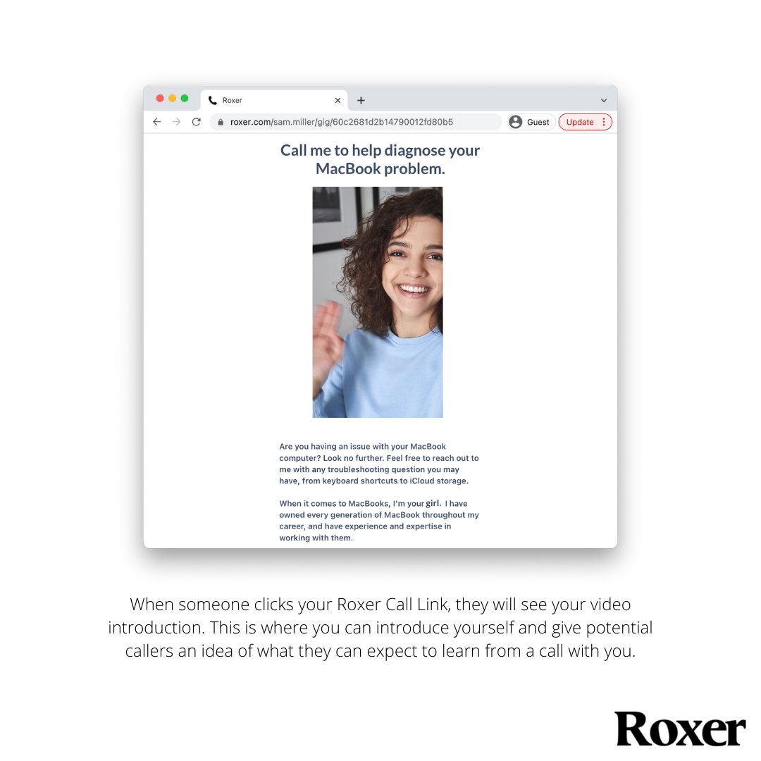 roxer's tweet photo. Have you added an intro video to your gigs yet?

ICYMI: you can now add a video introduction to your Roxer gigs, where you can introduce yourself and give potential callers an idea of what they can expect to learn from a call with you.

#roxer #gigs #gigeconomy #buildinpublic https://t.co/ahEyd403h3