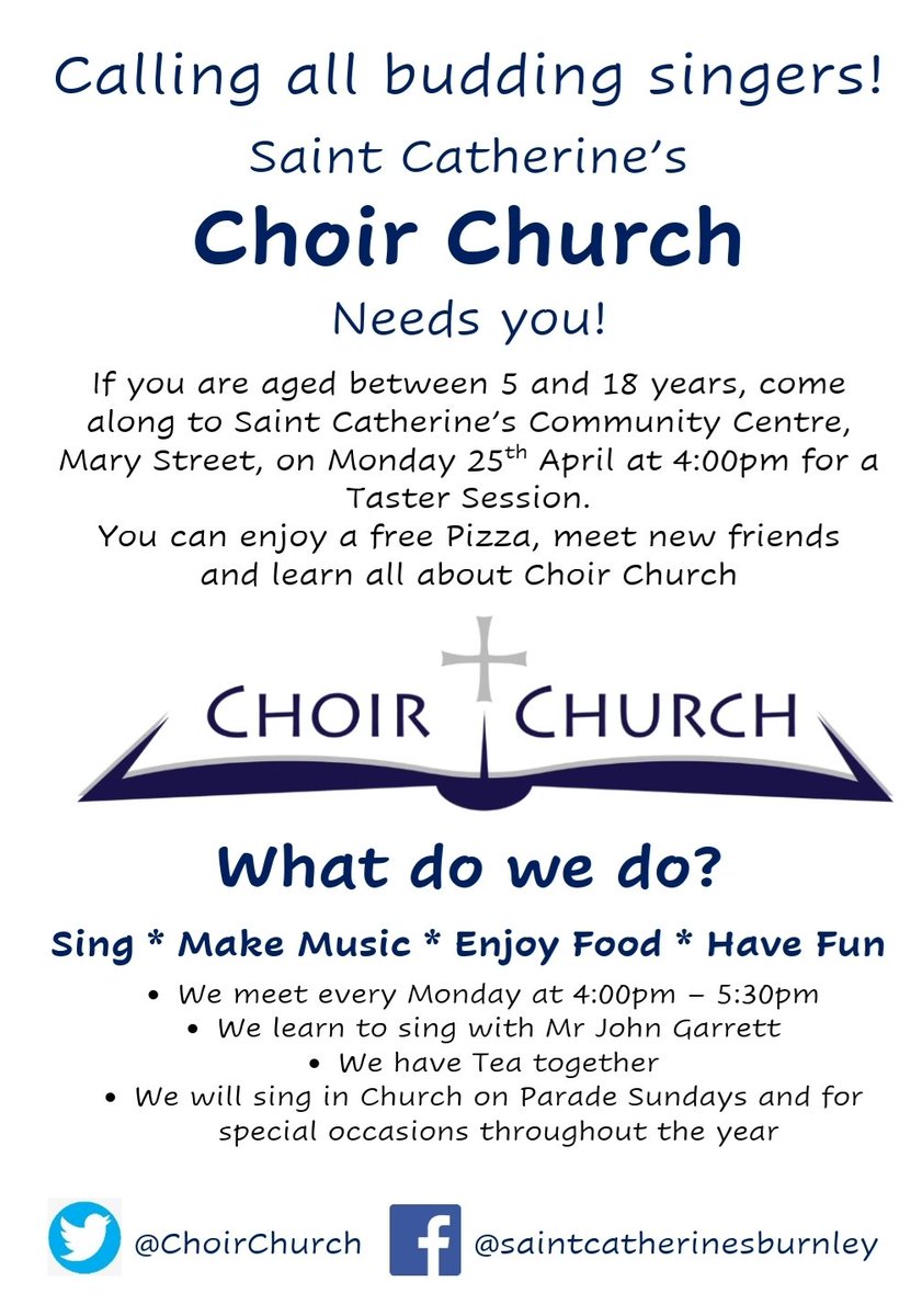 StCathsBurnley's tweet photo. On Monday we launch our @ChoirChurch with a taster session. If you're aged between 5 &amp; 18 come along, enjoy a pizza and find out more! @springfield_cps @BrunshawPrimary @TogetherBurnley @fellowshipsje https://t.co/RUep6T1BUZ