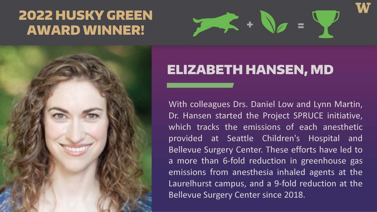 🌎Happy #EarthDay! We're proud to share that our own Dr. Elizabeth Hansen &amp; her Periop Green Team received the <a href="/sustainableUW/">UW Sustainability</a> Husky Green Award for their success in significantly reducing greenhouse gas emissions from anesthesia inhaled agents!
green.uw.edu/hga22