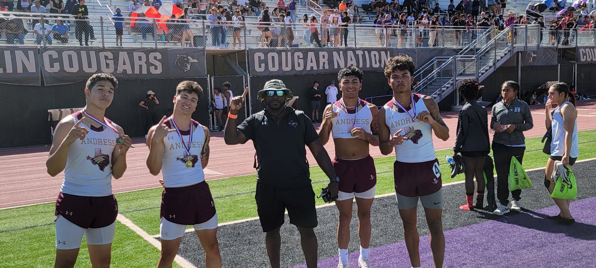 Area 4x100m relay champions with a new PR time of 41.69....and we still working.  Next stop Regionals. <a href="/MunozElijah22/">Elijah Munoz</a> <a href="/kaitoolit1/">Malachi Do</a> <a href="/Charlie_CBJ/">Charlie Bass Jr.</a> <a href="/jeremiah1cooper/">Jeremiah Cooper</a> <a href="/Coachpapaelliot/">David Elliott</a> <a href="/Coach_Hasseine/">Loubna Hasseine-Silva</a> <a href="/AndressHS_Track/">Andress HS Track AND Field</a>