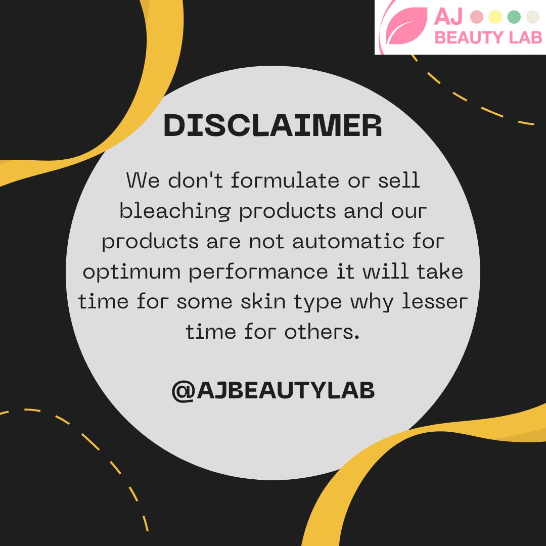 Disclaimer: We don't formulate or sell bleaching products and our products are not automatic for optimum performance it will take time for some skin type why lesser time for others.

Contact AJ Beauty Lab Today! 

To Give You That Healthy Skin Glow https://t.co/By1OMkK42i