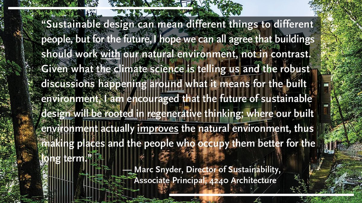 4240arch's tweet photo. Marc Snyder, Director of Sustainability at #4240Architecture, weighs in on what people should look forward to in the future of sustainable design. 

#earthdayeveryday #sustainablearchitecture #earthday #earthmonth #netzero #carbonneutrality #sustainabledesign #TheFutureIsNow https://t.co/LRO5ebj0p7