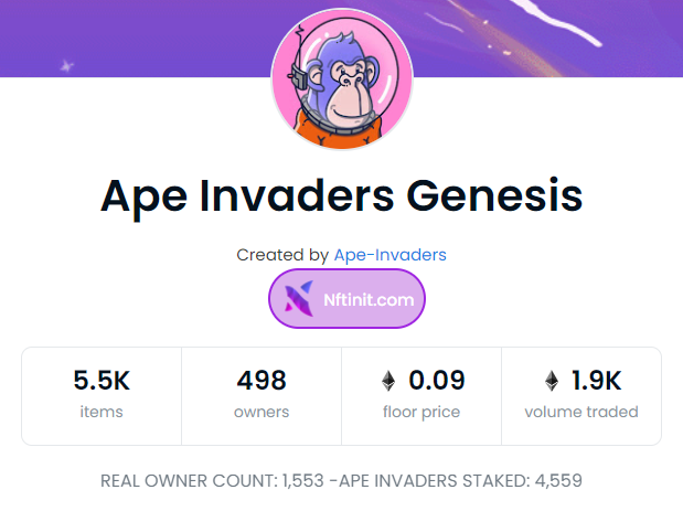 BaconMaster_eth's tweet photo. Allow me to introduce you to a project that's been around since January, has less than 100 listed, over 85% staked earning $stardust, and the fp is under 0.1 eth @TheApeInvaders don't miss it https://t.co/BYjfjBYpLr