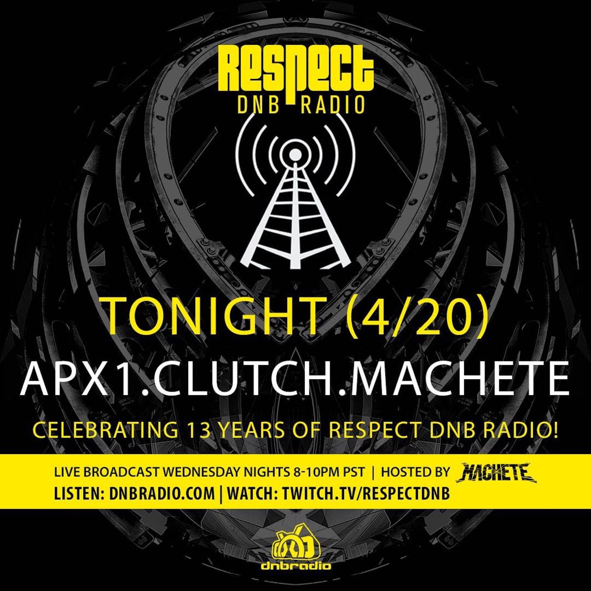 Tonight we celebrate 13 years of #respectdnbradio plus it’s our 2 year Twitch anniversary! 🔥🔥🔥 <a href="/djMachete/">Rob Machete</a> hosts special guests <a href="/DJAPX1/">DJ APX 1</a> (I Love LA / 420) and <a href="/djclutchone/">Dj Clutch</a> of <a href="/RespectClub/">RESPECT Drum & Bass</a> / <a href="/JunglistPlatoon/">Junglist Platoon</a> 🔊⚡️

Audio: dnbradio.com
Video: twitch.tv/respectdnb