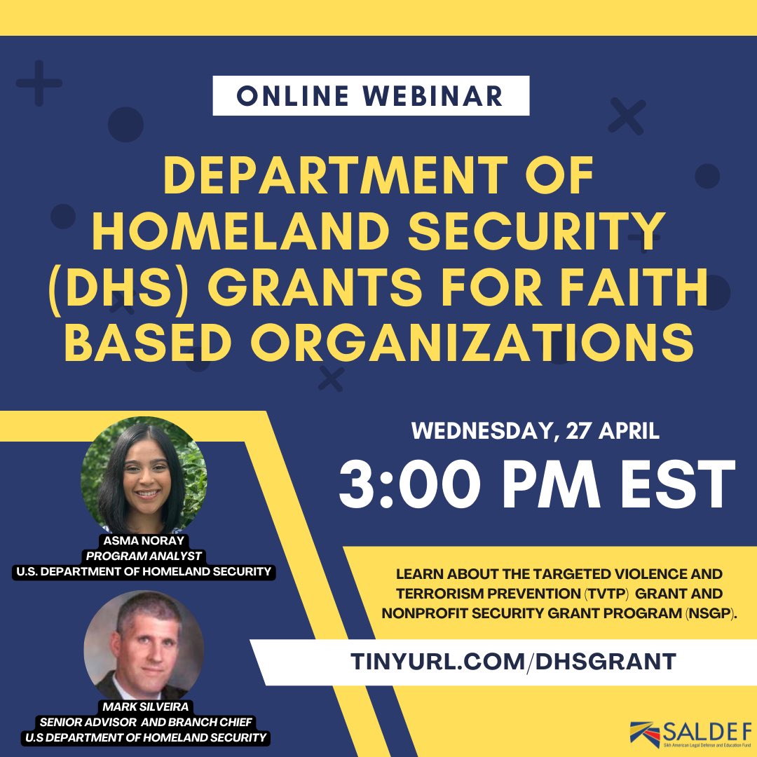 SALDEF's tweet photo. Join SALDEF in partnership with Center for Prevention Programs and Partnerships (CP3) &amp; Federal Emergency Management Agency (FEMA) as we discuss two upcoming grant opportunities for faith based organizations. 

Register now: https://t.co/DKzGMrYr1z https://t.co/m0W0MxP6yc