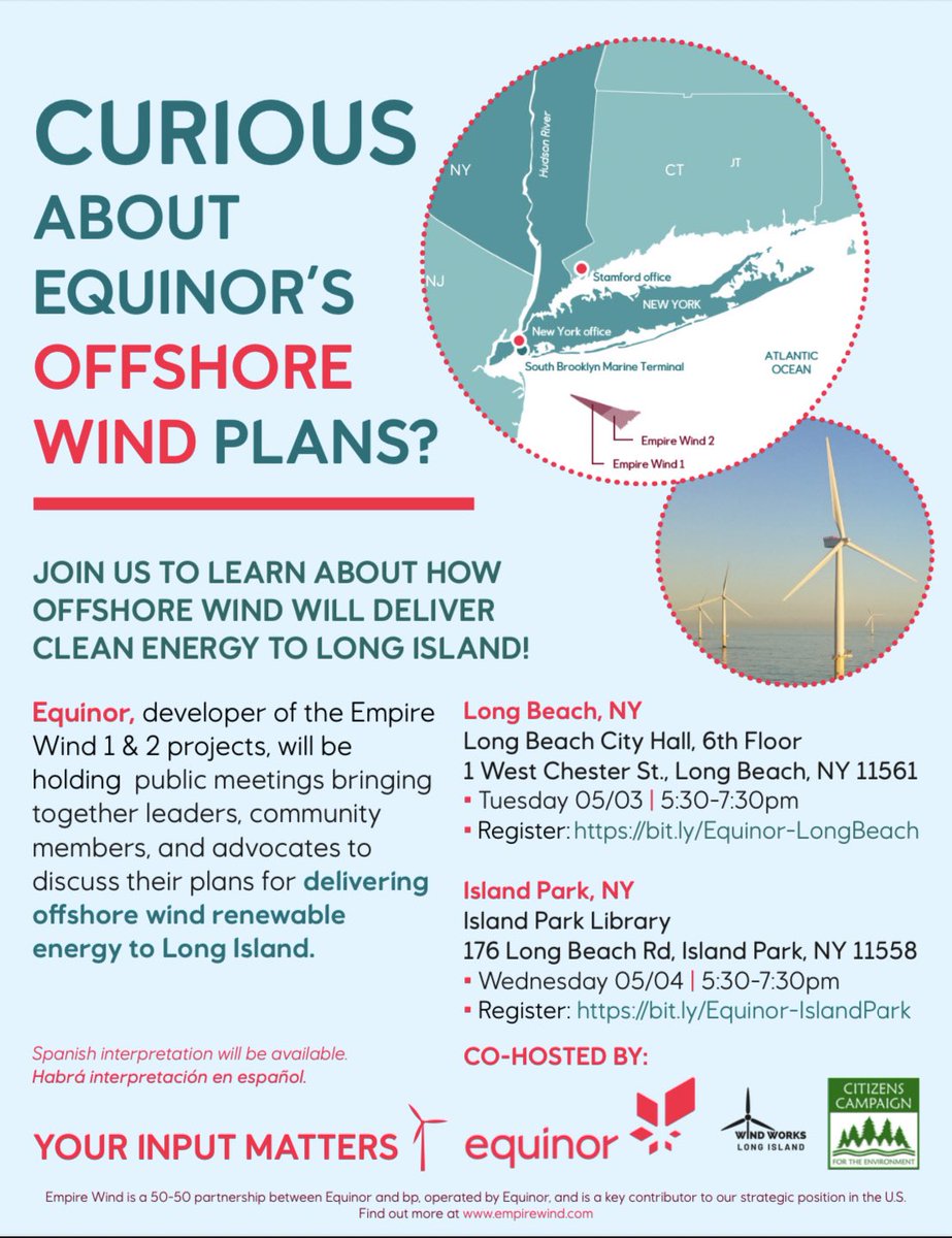 students4ca's tweet photo. Curious to learn more about Equinor's offshore wind projects off the coast of Long Island? Equinor is co-hosting two community meetings, in Long Beach and Island Park. Capacity is limited, so please register early! 

LINK IN BIO to register!  @windworksLI @citizensenviro https://t.co/KGUf7XUcqm
