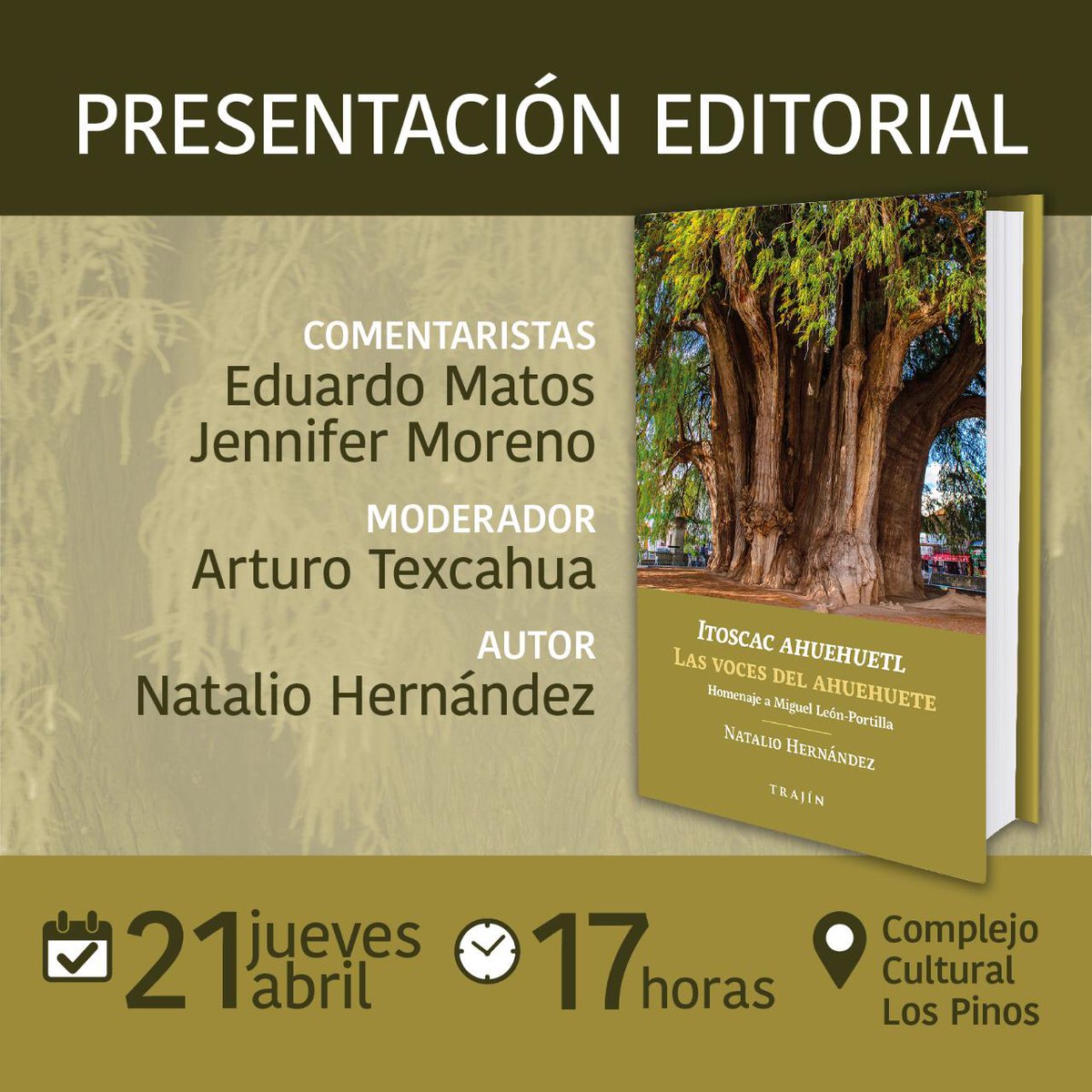 El maestro Natalio Hernández me invitó a comentar su nuevo libro "Itoscac ahuehuetl". Me siento muy agradecida y contenta. Además en mi cumpleaños. 💚
21 de abril 17 hrs. Salón Venustiano Carranza de <a href="/CC_LosPinos/">Complejo Cultural Los Pinos</a>