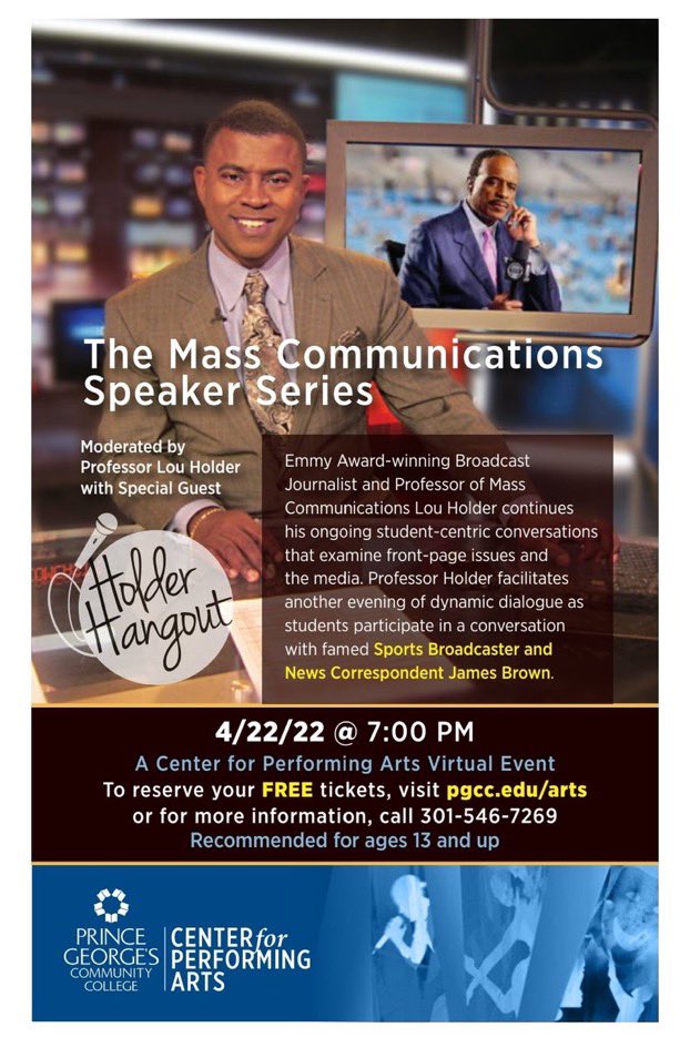 @pgccmasscomm is hosting Emmy Award-winning broadcast journalist and professor <a href="/HolderSports/">Lou Holder</a> with Sports Broadcaster and News Correspondent @jbsportscaster to speak on front-page issues and the media.

4/22, @ 7PM

Register for this virtual event for FREE: pgcc.edu/arts