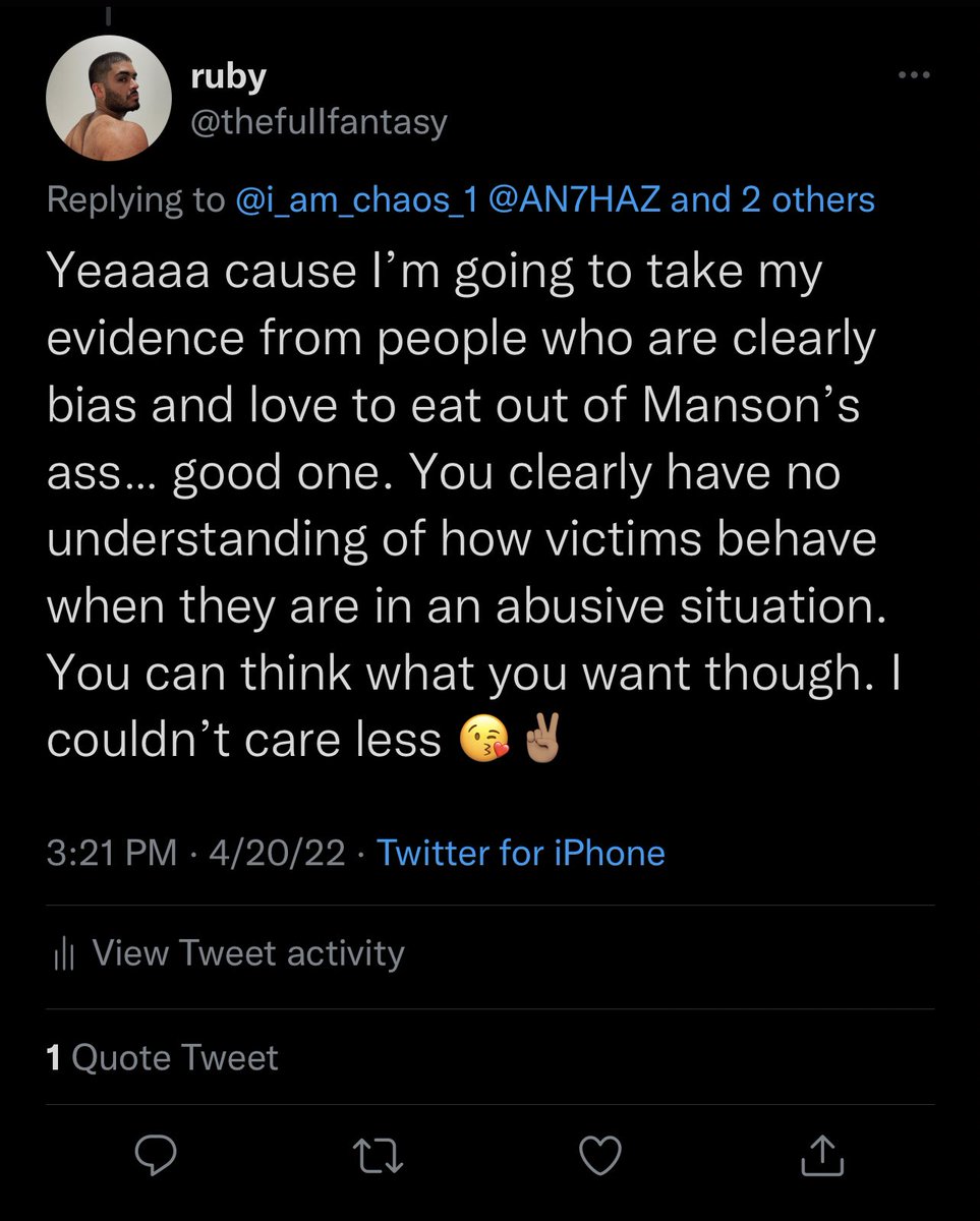 thefuIIfantasy's tweet photo. No cause the way they’re accusing me of resorting to violence coming at me for saying something about MARILYN MANSON. Absolutely Feral. 😩💀 https://t.co/YuaVj1jDLg