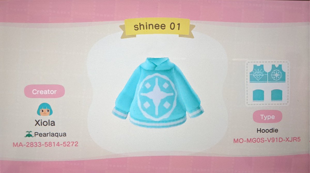 xiola_azuthra's tweet image. since @SHellavator wanted my hoodie ^^;

here&apos;s the codes 🤲 :3

(p.s. the wall logos aren&apos;t mine; just search the group names on the design portal at Able Sisters &amp;amp; you&apos;ll find them!)

#acnh #acnhcode #acnhpattern #acnhdesign #shinee #acnhcustom