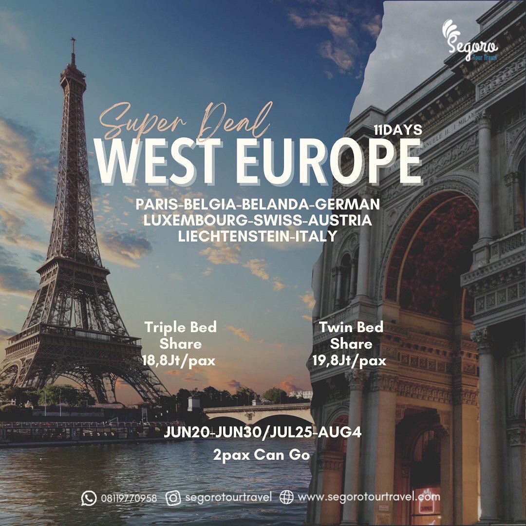 Segoro_Tour's tweet photo. Hayoo, siapa yg kemaren colek2 ngajakin ke Europe?!

Jangan sampe ketinggalan promonya, yaa..

Book destinasinya di @segorotourtravel 
0811-9770-958

#westeurope #westeuropetrip #westeuropetour #westeuropa #westeuropetrip2022 #europe #europetravel #europetrip #europetour https://t.co/mAwvaUM6Yn