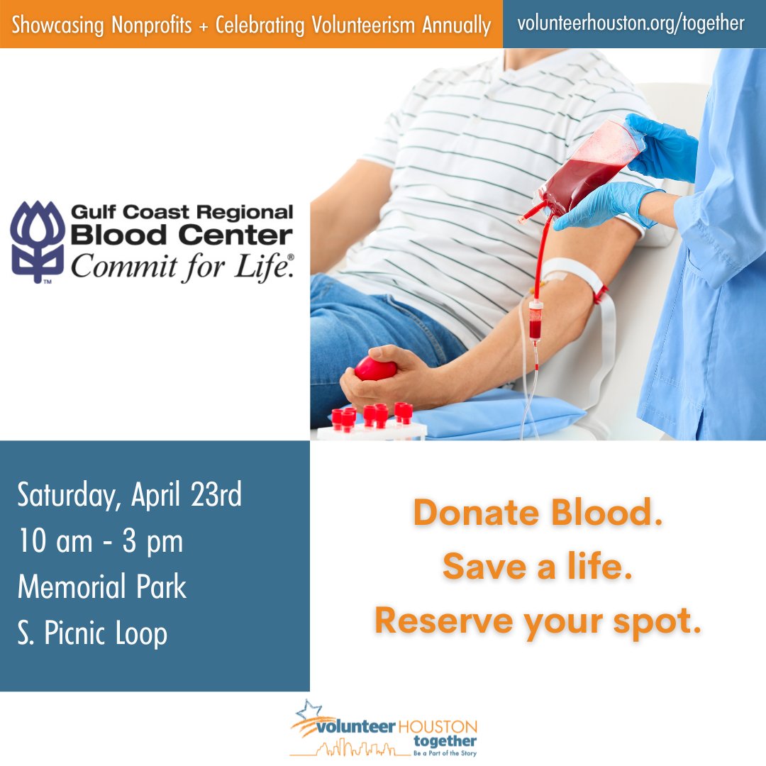 VolunteerHou's tweet photo. Donate blood. Save a life. Reserve your spot at the #VolunteerHoustonTogether outdoor event on Sat. April 23rd. Sign up here: https://t.co/rqmDoHTtN6

https://t.co/NFWv0vpM1A

@commitforlife @impactnews
#houstontogether #beapartofthestory
@JustserveH @HouToolBank @NeighborHOU https://t.co/mLZbaYCrmj