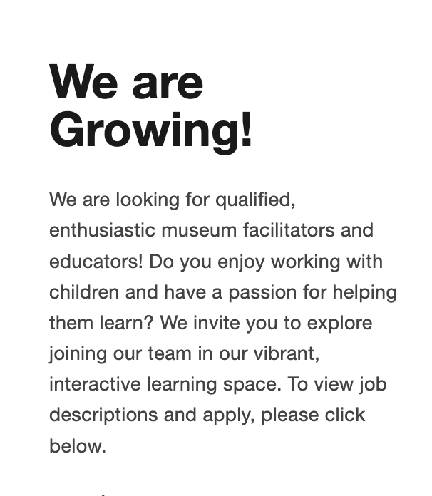 discoverWCM's tweet photo. WE'RE HIRING!

We're looking for qualified, enthusiastic museum facilitators and educators!  We invite you to explore joining our team in our vibrant, interactive learning space.  To view job descriptions and apply, please click the link below:
https://t.co/z8sBwinixD https://t.co/EA41JKLnqt