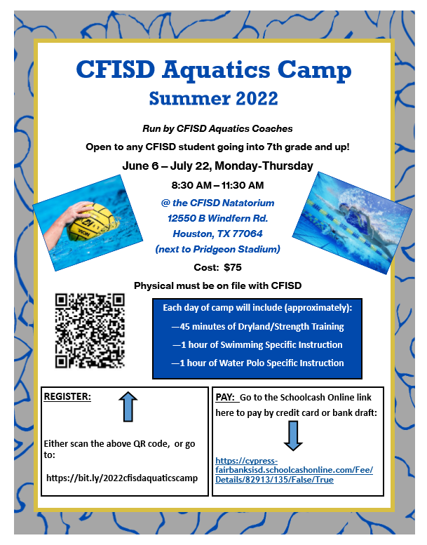 CyFallsAquatics's tweet photo. CFISD AQUATIC CAMP is just around the corner!! All CFISD athletes from across the district going into 7th grade and Up are eligible to participate!! We are excited to meet some dedicated future EAGLES!

Sign up here: https://t.co/7S1QK1r7PU

Pay Here: 
https://t.co/LwXSHBx7WH https://t.co/yoluANVMK6