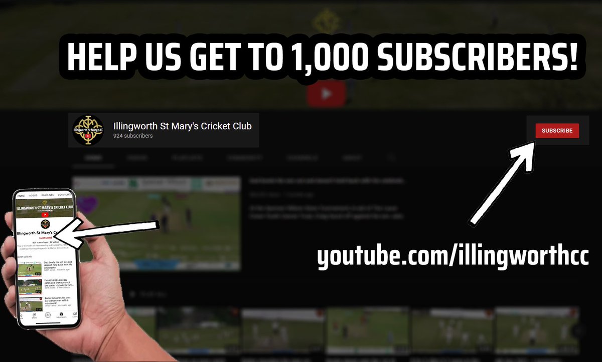 🎥 We're only 76 away from hitting our target of 1️⃣0️⃣0️⃣0️⃣ subscribers on the club's YouTube channel. - if you haven't done so yet, please head to the address below and click 'SUBSCRIBE'

📲 youtube.com/IllingworthCC