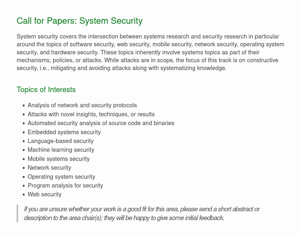 Mathias Payer (@gannimo) on Twitter photo The very first <a href="/jsysresearch/">jsysresearch</a> JSys deadline in system security is coming up on May 01. Get your papers ready, we'll be looking forward to your submissions! 📝✍️📯📢#PositiveReviewing jsys.org/cfp_security/ The very first <a href="/jsysresearch/">jsysresearch</a> JSys deadline in system security is coming up on May 01. Get your papers ready, we'll be looking forward to your submissions! 📝✍️📯📢#PositiveReviewing jsys.org/cfp_security/