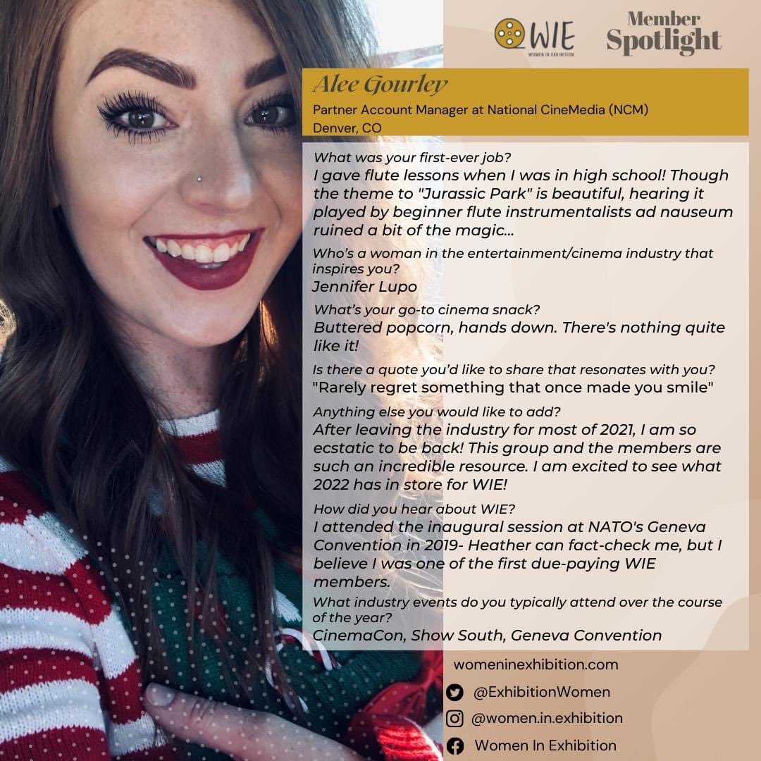 #WIE loves to highlight our dynamic members and this week is no different! This week's #WIEMemberSpotlight goes to Alee Gourley from <a href="/NCMNews/">National CineMedia</a>, Get to know Alee a little better! 

#femaleentreprenuer #cinemaexhibition #WCW #movies #womeninexhibition