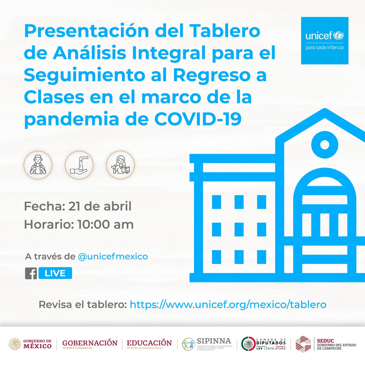UNICEFMexico's tweet photo. UNICEF Y @SEP_mx desarrollamos un tablero de información para la reapertura de escuelas en el marco de la pandemia de COVID-19 en México.
Mañana lo estaremos presentando junto a @SIPINNA_MX, @Mx_Diputados y @SEDUCampeche por https://t.co/euii91ZwXn https://t.co/nq0wEzDelG