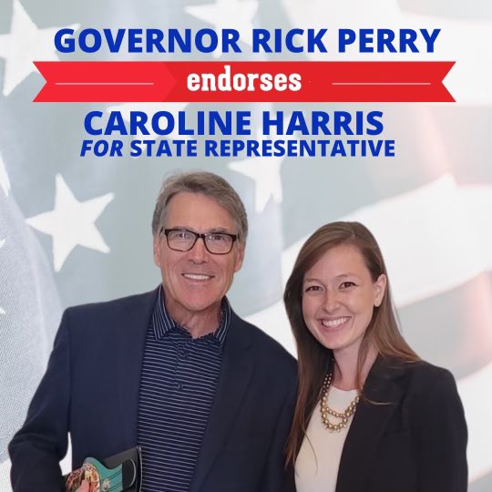CarolineForTX's tweet photo. BREAKING: I have received the endorsement of @GovernorPerry!

“Caroline Harris is a proven conservative we can trust to secure the border, lower our property taxes, and ensure the Texas Miracle continues to thrive. 
I am proud to endorse her in this race!"
#txlege https://t.co/iqCm3tbYOd