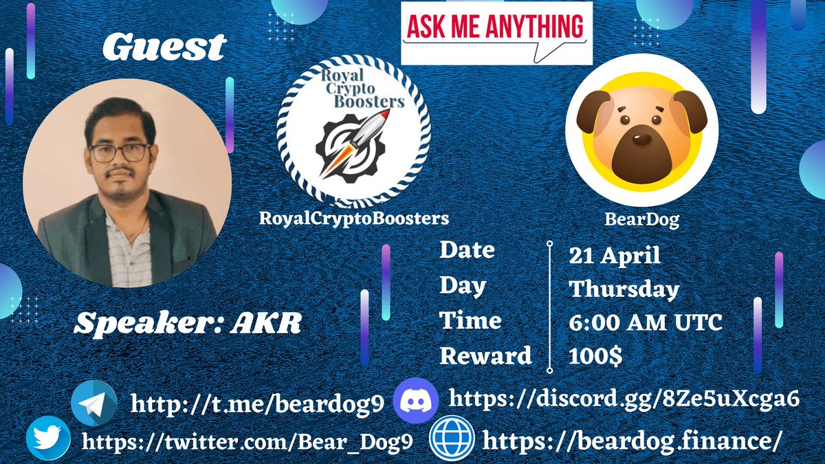 Royalpro01's tweet photo. 📢 We're thrilled to announce our next #AMA with @Bear_Dog9
21 April at 6:00 AM UTC
💰 Reward Pool:  100$
 Venue:https://t.co/HNfmz6uewH
📌 Rules:
✅ Follow @royal_boosters &amp; @Bear_Dog9
✅ Like &amp; Retweet
✅ Comment Questions &amp; Tag 3 Friends with BEP20 address. https://t.co/TsJSOwFi9s