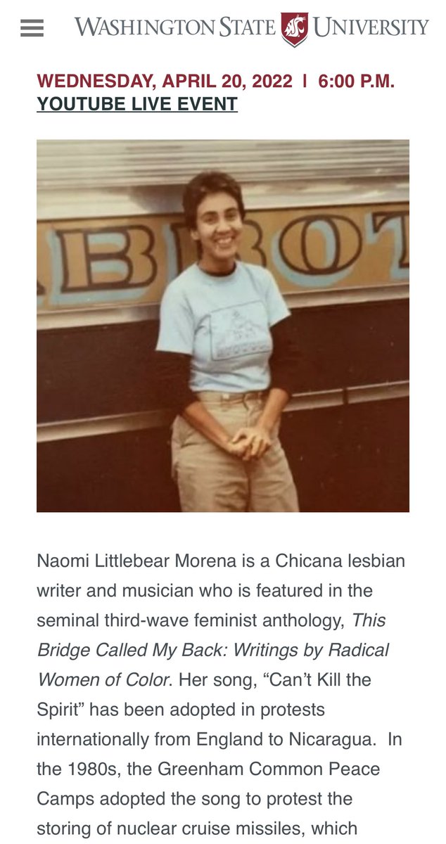 chelskopp's tweet photo. TONIGHT 6pm PST groundbreaking Chicana lesbian writer and musician Naomi Littlebear Morena speaks at WSU’s Visiting Writers Series. Free and open to all! Link to YouTube Live below :) https://t.co/ivFlw9OLEQ https://t.co/I6UUkxiMUu
