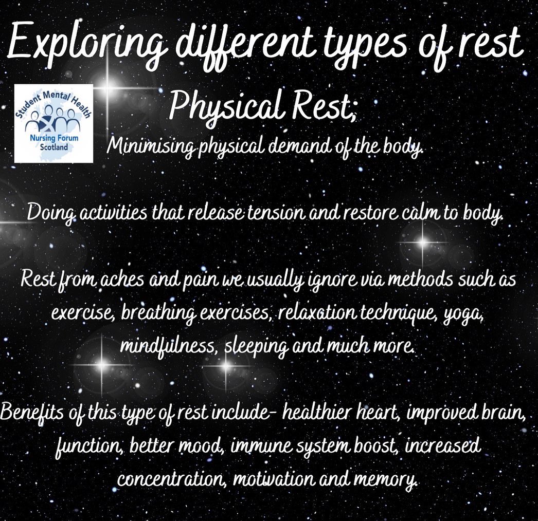 StudentMHNFScot's tweet image. ✨1/7 Well-being Wednesday exploring types of rest✨ 

Physical Rest 🧘🏽‍♀️

How do you get physical rest? 

#studentmhnfscot #physicalrest #weSTNurses #Wellbeing #WellbeingWednesday #studentnurse #rest