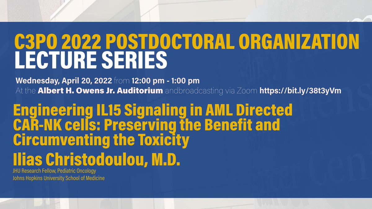 Ilias Christodoulou (@christodouloumd) on Twitter photo Deeply honored to be selected among many talented <a href="/hopkinskimmel/">Johns Hopkins Kimmel Cancer Center</a> postdocs to present my research work in the C3PO Johns Hopkins Postdoc Lecture Series. So grateful for the support of <a href="/BonifantLab/">Bonifant Lab</a> the past 3 years! #CAR_NKs #AML #JohnsHopkins #TheLastDance Deeply honored to be selected among many talented <a href="/hopkinskimmel/">Johns Hopkins Kimmel Cancer Center</a> postdocs to present my research work in the C3PO Johns Hopkins Postdoc Lecture Series. So grateful for the support of <a href="/BonifantLab/">Bonifant Lab</a> the past 3 years! #CAR_NKs #AML #JohnsHopkins #TheLastDance