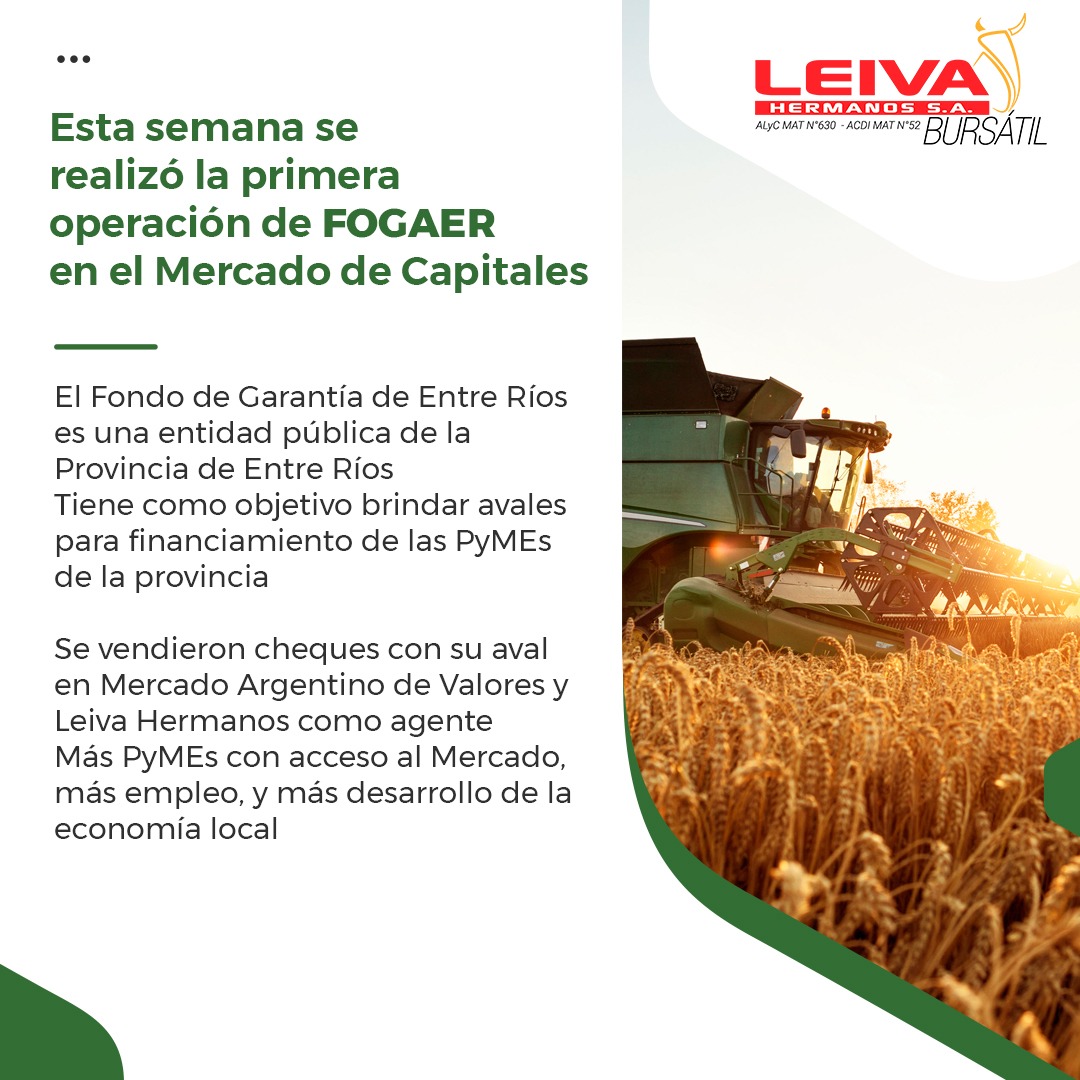 leivaempresa's tweet photo. 📢Esta semana se realizó la primera operación de FOGAER en el Mercado de Capitales
Se vendieron cheques con su aval en Mercado Argentino de Valores y Leiva Hermanos como agente.
Más PyMEs con acceso al Mercado, más empleo, y más desarrollo de la economía local
#Pymes #FOGAER https://t.co/auSfejc05d