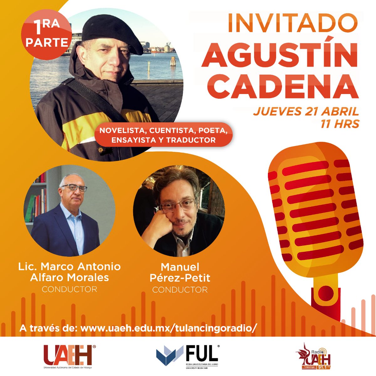 FUL_mx's tweet photo. Escúchanos este jueves 21 de abril a las 11:00 horas en una emisión más de #LecturaCero en compañía del poeta Agustín Cadena, a través de Radio UAEH Tulancingo 91.1 FM y en línea por: https://t.co/IhKqAJXuwh.
¡Te esperamos! ¡No faltes!
#UAEH #LaFeriaDeTodos #Extensión #SUMA https://t.co/CKF3w20U2N