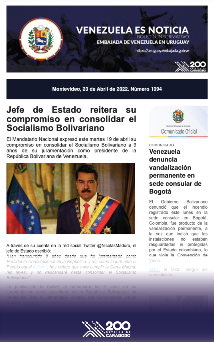 EmbaVenUruguay's tweet photo. Venezuela es Noticia + Julio Escalona | 20 de Abril de 2022 - 
 Cliquee aquí: https://t.co/sBvG3VZE3Z
______

@NicolasMaduro @drodriven2 @plasenciafelixr @CancilleriaVE

#20Abril 
#AbrilBolivariano
#DiplomaciaBolivariana https://t.co/ITAl5B7Ru2