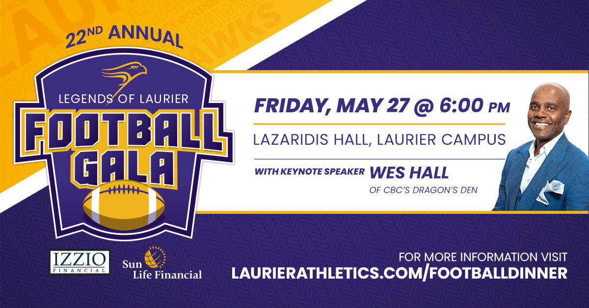 🔜 Honour the past, celebrate the present. 

The 22nd Annual Legends of <a href="/LaurierFootball/">Laurier Golden Hawks Football</a> Gala is set for May 27!

Don't miss this special evening, which will include a fireside chat with <a href="/cbcdragon/">Dragons' Den 🐉</a> Wes Hall (<a href="/kingofbaystreet/">Wes Hall, D.U.</a>).

TICKETS &amp; INFO: bit.ly/LaurierFootbal…

#SoarAbove