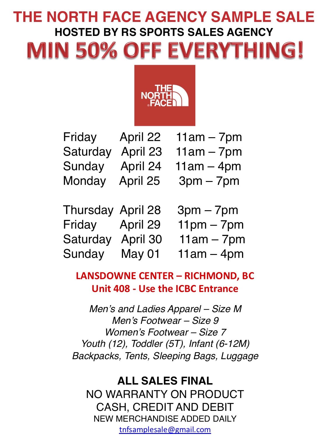 North face outlet sample sale 2019 deals