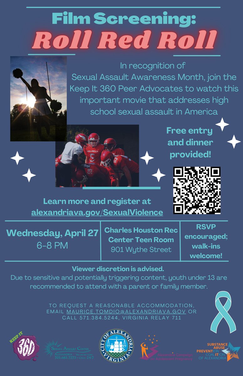 AlexTeenLife's tweet photo. Join the Keep It 360 Peer Advocates for food and a free film screening of Roll Red Roll on April 27 from 6-8 p.m. at Charles Houston Recreation Center. Viewer discretion is advised due to sensitive and potentially triggering content. Learn more at https://t.co/bb6LjaFrkU. https://t.co/6oxLwkQg2z