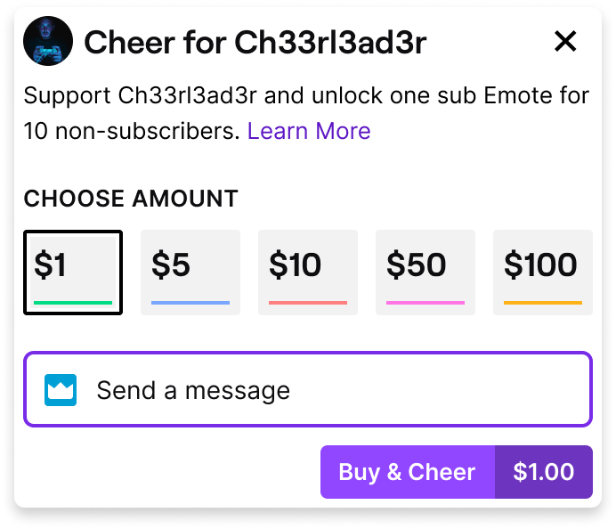 Zach Bussey Twitch Is Testing A New Cheering System Via Direct Purchases Akin To Youtube Super Chats The Split Is 80 To The Creator Testing Only In The Us Twitchnews