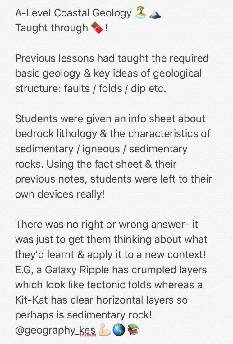 LessonToolbox's tweet photo. Previous #iwishyoutaughtmykids award winner 🏆Amazeballs A-Level coastal #geology meets chocolate! via @geography_kes
#sschat #ukedchat #aussieEd #geographyteacher #GeogEd #pedagoofriday https://t.co/GWR8KMqAxW