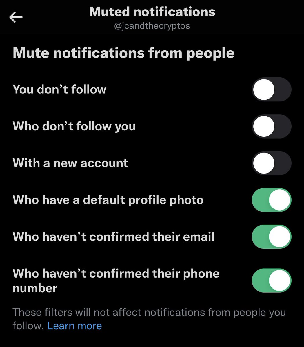 jcandthecryptos's tweet image. Saw someone post earlier. Made a big difference:
Setting and privacy -&amp;gt; privacy and safety -&amp;gt; mute and block -&amp;gt; muted notifications -&amp;gt; then I toggled the bottom three. 

I haven’t had a fake moonbird account tag me all day.
