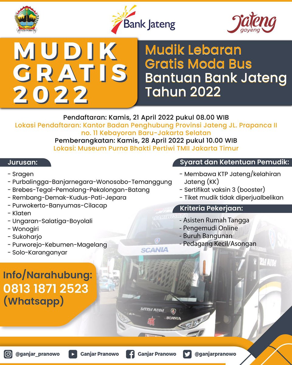 ganjarpranowo's tweet photo. Yuk daftar mudik gratis naik bus dari Jakarta menuju kabupaten dan kota di Jawa tengah. 

Catat lokasinya ya. https://t.co/qZF3QbZ9AW