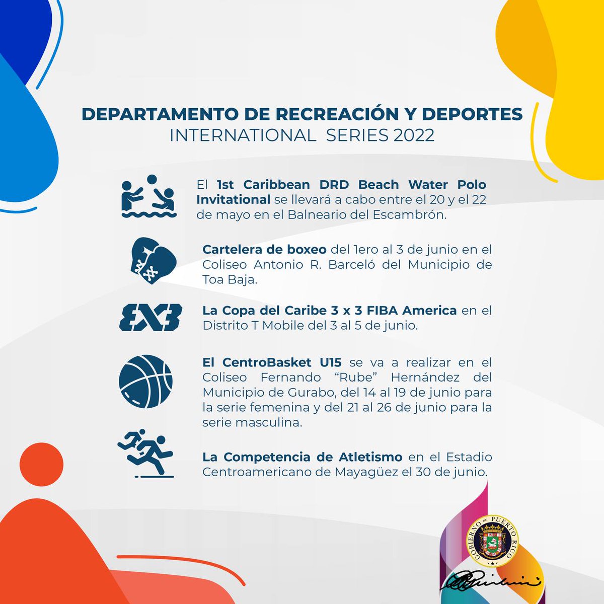 GovPierluisi's tweet photo. Comparto con ustedes la lista de los eventos que componen el ‘DRD International Series 2022’. #TurismoDeportivo https://t.co/vdvK47VoFl