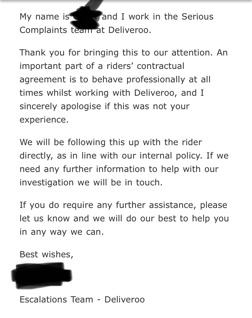 ttor's tweet photo. @Deliveroo @DeliverooHelp do you think this is an acceptable response to a complaint about an employee breaching GDPR to text a woman (living alone, an hour after their delivery) to ask if they are single? Not asking for a friend. #Disgraceful  #Deliveroo https://t.co/oXJb1BA2y1