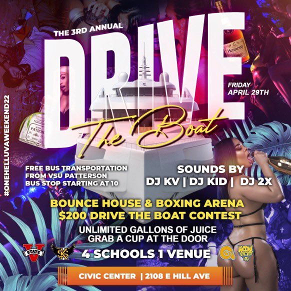 oml_camm's tweet photo. #DriveTheBoat April 29th ‼️
Grap a cup at the door 🥃
Bounce houses &amp; a Boxing Arena inside the venue 🥊 
Free Bus Transportation from Patterson starting @ 10 ⏱
OVER 300 TICKETS SOLD 🎟
@_Sleepteam https://t.co/zCLh6EMzIm