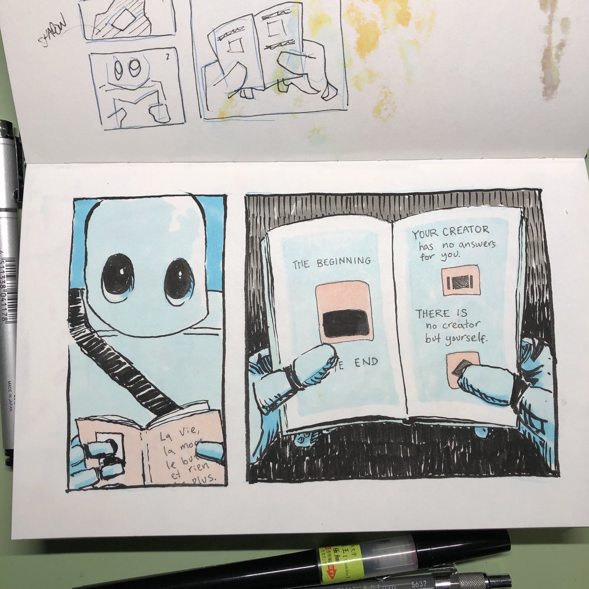 RobotsEveryday's tweet photo. Had a great conversation with a few folks (robots, of course!) that veered deeply into philosophical territory. #robotoftheday #mylifewithrobots #robot #art #sketch #sketchbook #copicwithus #comicart #story #creator #purpose #fate #religion #myth #artificialintelligence https://t.co/vvXw30VRng