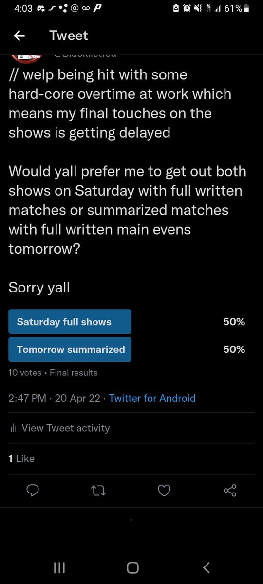 // ingace you bastards an hour and 15 minutes -.- 

...

For my mental health I'm going to do a full 2 shows for Saturday because I'd rather stick to what I wanted this to be.