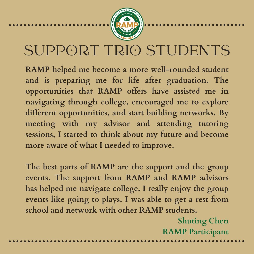cppramp's tweet image. RAMP is participating in #CPPGivingDay this year. Giving Day starts today and ends tomorrow, April 21, at 9pm! If you would like to show your support for RAMP and TRIO students, please consider donating to or sharing this link: givingday.cpp.edu/giving-day/481… #CPPRAMP #TRIOSSS #TRIOworks