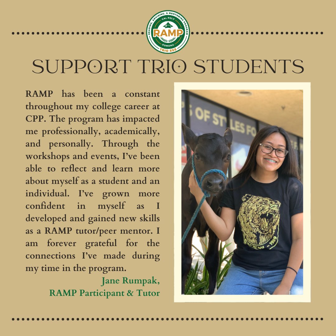 cppramp's tweet image. RAMP is participating in #CPPGivingDay this year. Giving Day starts today and ends tomorrow, April 21, at 9pm! If you would like to show your support for RAMP and TRIO students, please consider donating to or sharing this link: givingday.cpp.edu/giving-day/481… #CPPRAMP #TRIOSSS #TRIOworks