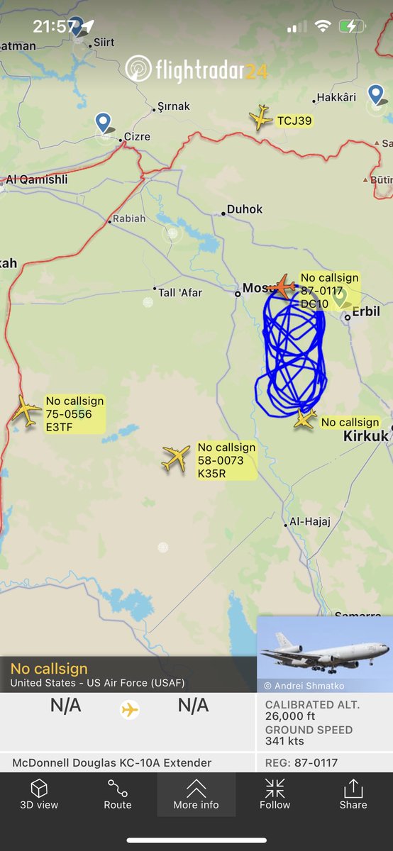TheSnoopySnoop's tweet photo. Busy northern #Iraq tonight 👇
#AE11D6 E-3B Sentry AWACS 75-0556 29,000ft
#AE047A KC-135 Stratotanker 58-0073 25,000ft
#AE0230 KC-10A Extender 86-0117 26,000ft
#AE16EB (F-16?)
#haveglass #AvGeek #milair #planespotting https://t.co/82Nexz6KBw