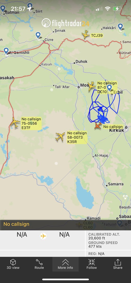 TheSnoopySnoop's tweet photo. Busy northern #Iraq tonight 👇
#AE11D6 E-3B Sentry AWACS 75-0556 29,000ft
#AE047A KC-135 Stratotanker 58-0073 25,000ft
#AE0230 KC-10A Extender 86-0117 26,000ft
#AE16EB (F-16?)
#haveglass #AvGeek #milair #planespotting https://t.co/82Nexz6KBw