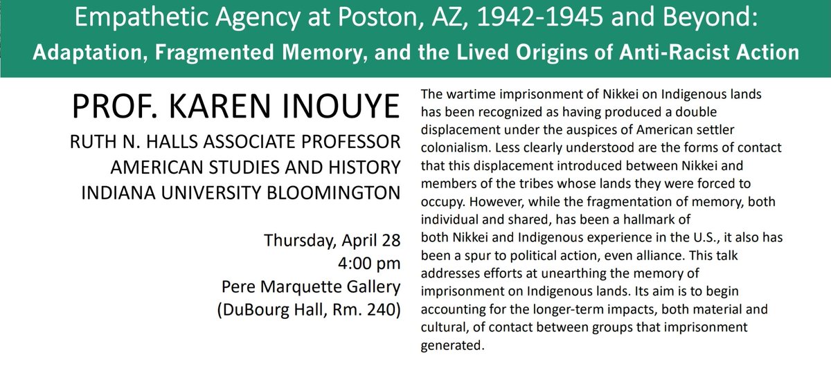 SLU's American Studies program will welcome Prof. Karen Inouye to deliver the annual guest lecture next week. She will be speaking about her research on memory, Asian American/Canadian history, and wartime imprisonment of Nikkei on Native land. See flyer for time &amp; place info.