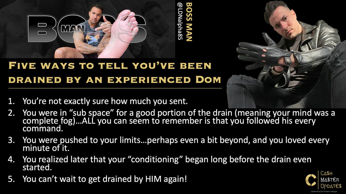 Not every #Findom sub has had the honor of being drained by an experienced Dom. Let me tell you...it's such a WONDERFUL feeling during &amp; when it's over! Here are 5 ways to tell if you've had the honor of getting drained by the best! What would others add to the list?
<a href="/LDNalpha85/">💢 Boss man 💢 🏴󠁧󠁢󠁥󠁮󠁧󠁿 | (21K)</a>