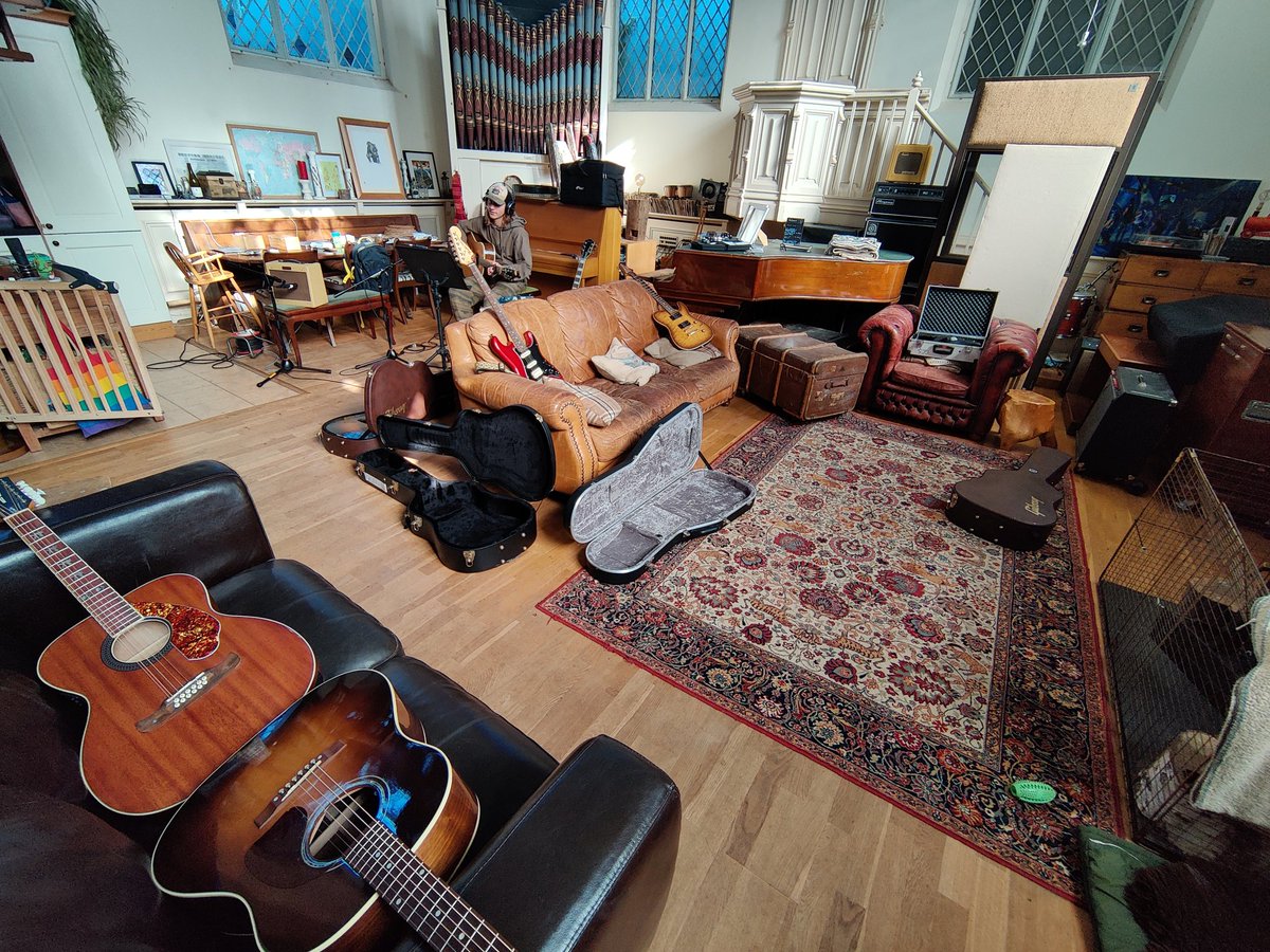 RiddlerMusic's tweet photo. I think today was Guitar day at @TheGrandChapel 😂. Too many (well, maybe not...) #gibson #fender #twelvestring #acoustic #electric #recordingstudio #recording - back tomorrow for a swift edit, and a day of vocals... Yay! https://t.co/afpyGY6nty