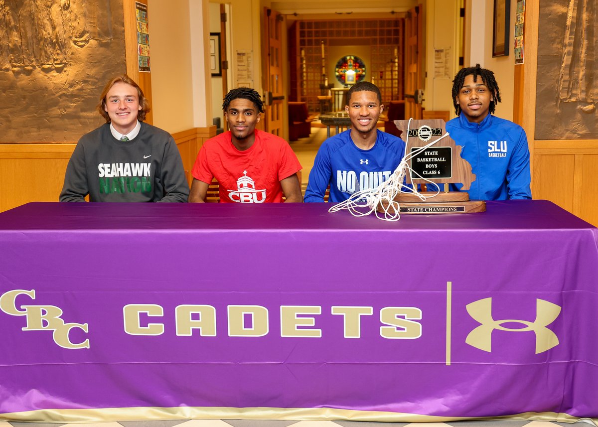 CBCHighSchool's tweet photo. Congratulations to seniors Jake Mitchell (Wagner College), Vernon Jackson (Christian Brothers University), Robert Martin (Indiana State) and Larry Hughes Jr. (Saint Louis University) on continuing their careers as student-athletes in college.

More photos: https://t.co/Bpea6IxciF https://t.co/r1FHntB7C5